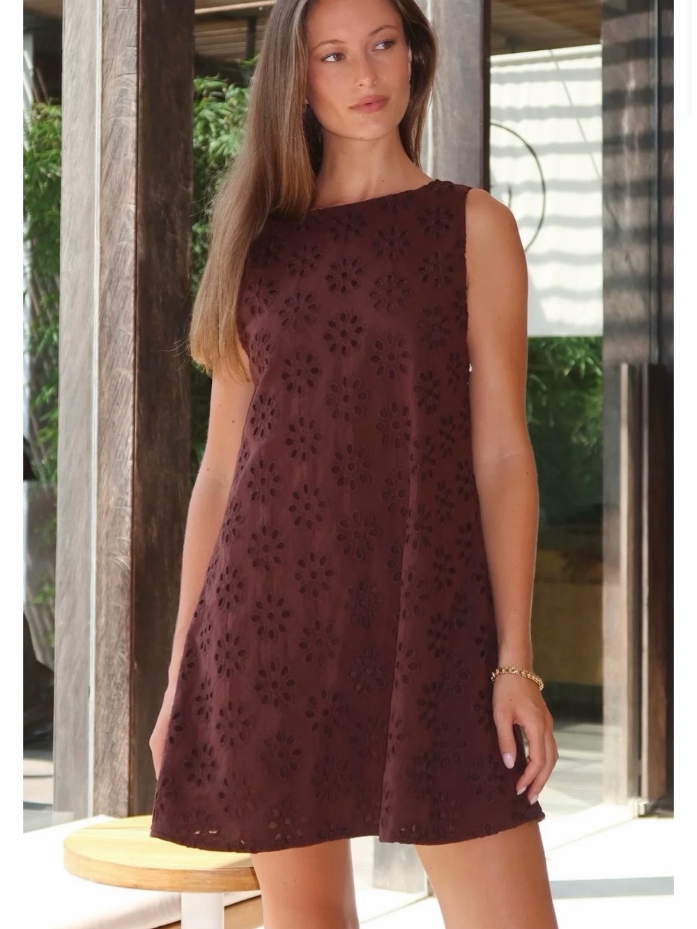 New With Tags Couper Exclusive Brown Floral Eyelet Mini Gili Dress